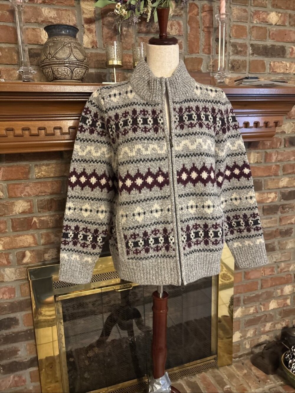 Ll Bean Gray Fair Isle Zip Front Cardigan Size Large Pet 100% Lambswool